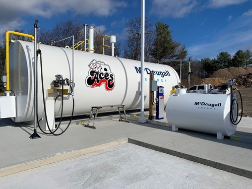 McDougall Energy helps ACES Waste Management (Muskoka) Ltd. fuel their fleet 105 Shows outdoor shot of large white tank with Mcdougall Energy logo on it and Aces logo