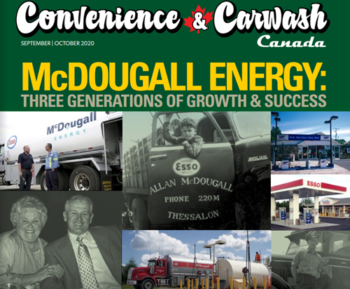 McDougall Energy: Three Generations of Growth & Success 125 Shows poster of old photo of McDougall Energy history. Title reads Convenience & Carwash Canada and McDougall Energy: Three Generation of growth & Success